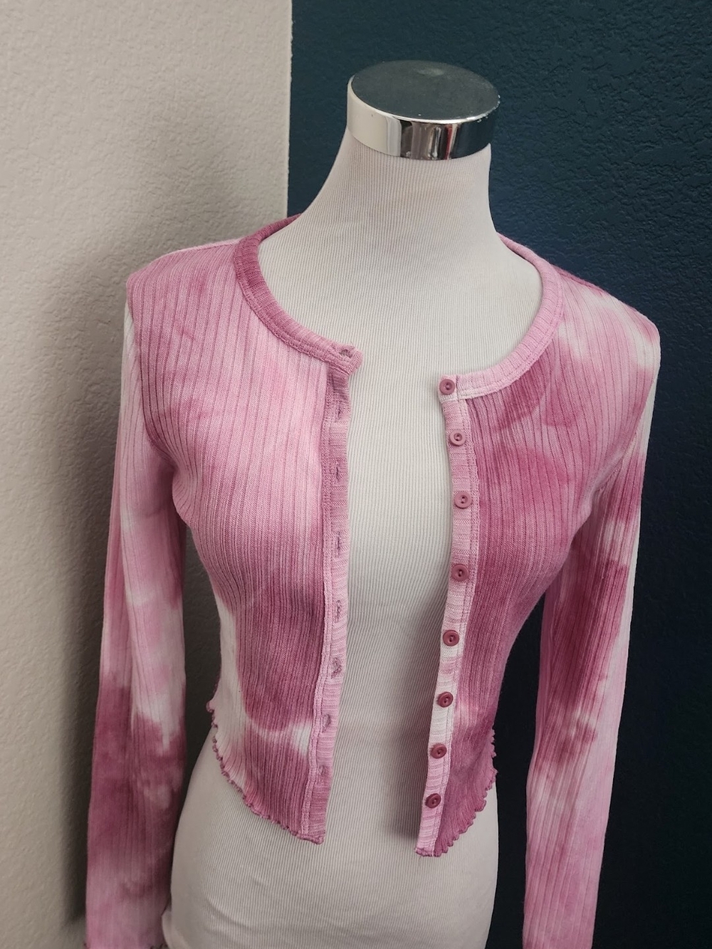 Forever 21 Pink Tie-Dye Ribbed Button-Up Cardigan